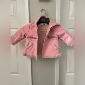 Koala Kids Girls' Pink Faux Fur Lined Floral Embroidered Coat Size 24 Months